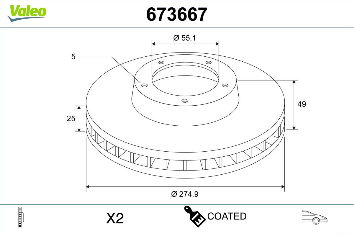 VALEO Bremseskive 673667 foraksel ventileret 275mm 25mm for TOYOTA