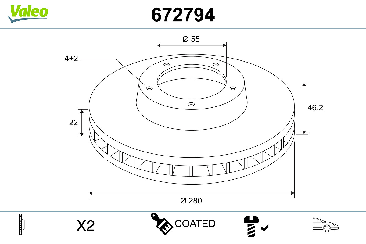 VALEO Bremseskive 672794 foraksel ventileret 280mm 22mm for TOYOTA