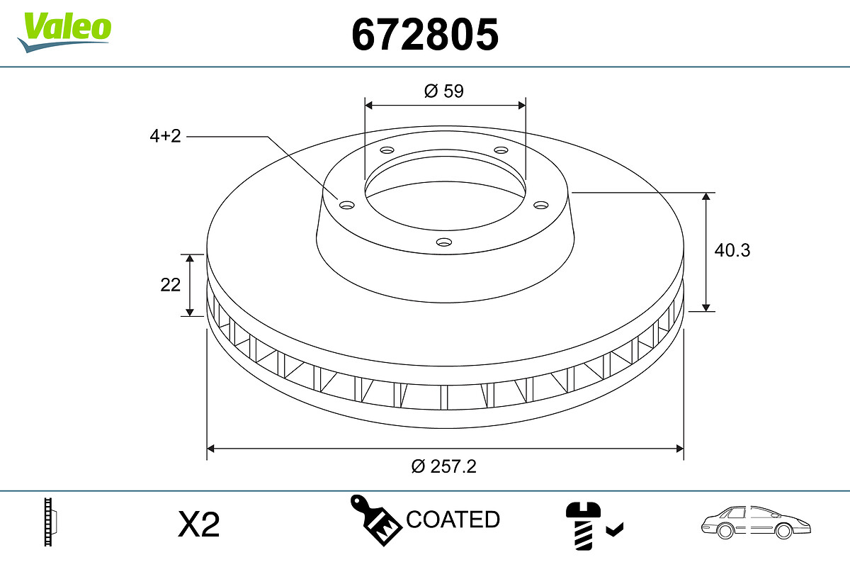 VALEO Bremseskive 672805 foraksel ventileret 258mm 22mm for PEUGEOT CITROËN LANCIA FIAT ALFA ROMEO