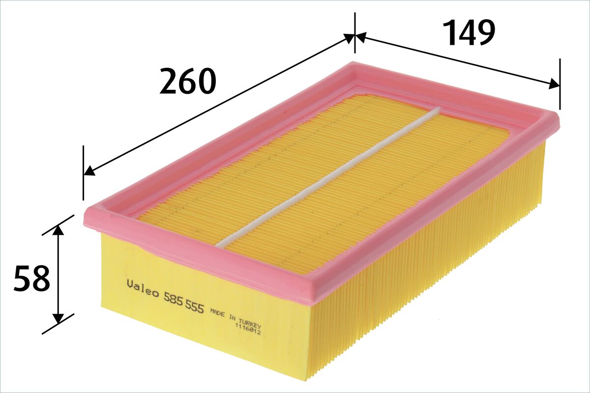 VALEO Luftfilter 585555 Filterindsats length_mm_203|Længde [mm]|261 width_mm_206|Bredde [mm]|150 height_mm_209|Højde [mm]|58 weight_kg_212|Vægt [kg]|0