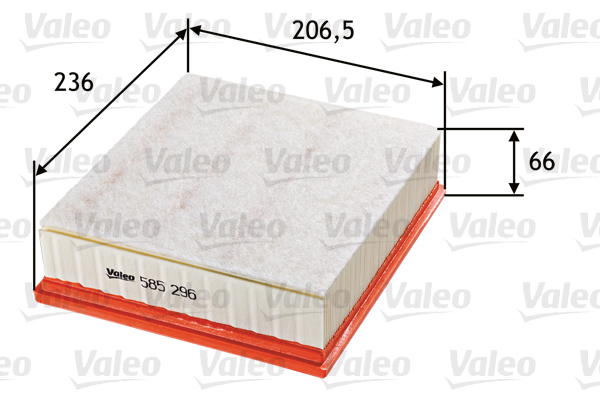 VALEO Luftfilter 585296 Filterindsats length_mm_203|Længde [mm]|234 width_mm_206|Bredde [mm]|207 height_mm_209|Højde [mm]|67 supplementary_articleinfo