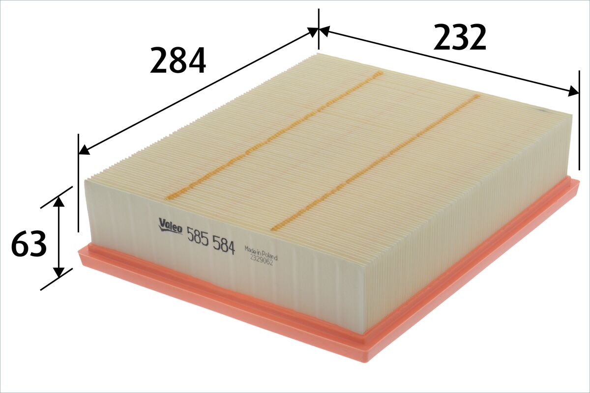 VALEO Luftfilter 585584 Filterindsats length_mm_203|Længde [mm]|284 width_mm_206|Bredde [mm]|232 height_mm_209|Højde [mm]|58 weight_kg_212|Vægt [kg]|0