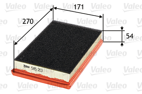 VALEO Luftfilter 585213 Filterindsats length_mm_203|Længde [mm]|270 width_mm_206|Bredde [mm]|171 height_mm_209|Højde [mm]|52 supplementary_articleinfo