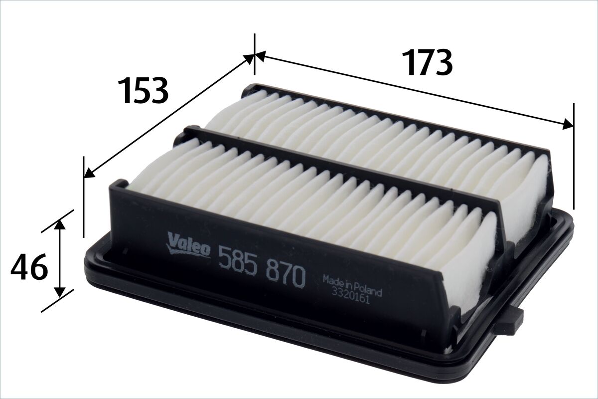 VALEO Luftfilter 585870 Filterindsats length_mm_203|Længde [mm]|173 width_mm_206|Bredde [mm]|153 height_mm_209|Højde [mm]|42 weight_kg_212|Vægt [kg]|0