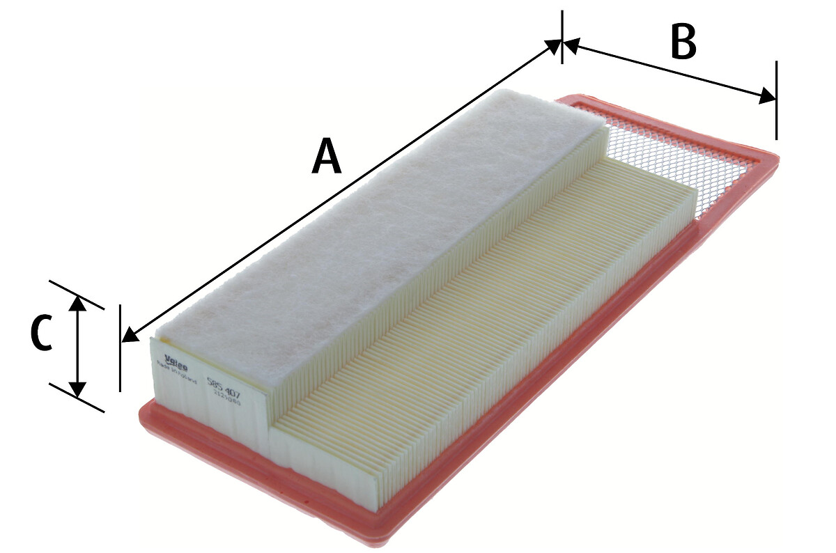 VALEO Luftfilter 585407 Filterindsats length_mm_203|Længde [mm]|356 width_mm_206|Bredde [mm]|131 height_mm_209|Højde [mm]|53 weight_kg_212|Vægt [kg]|0