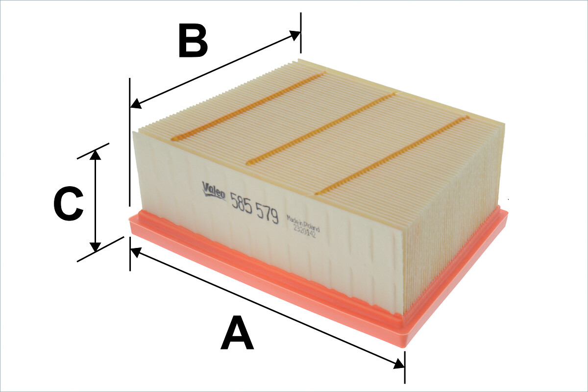 VALEO Luftfilter 585579 Filterindsats length_mm_203|Længde [mm]|161 width_mm_206|Bredde [mm]|217 width_1_mm_818|Bredde 1 [mm]|175 height_mm_209|Højde