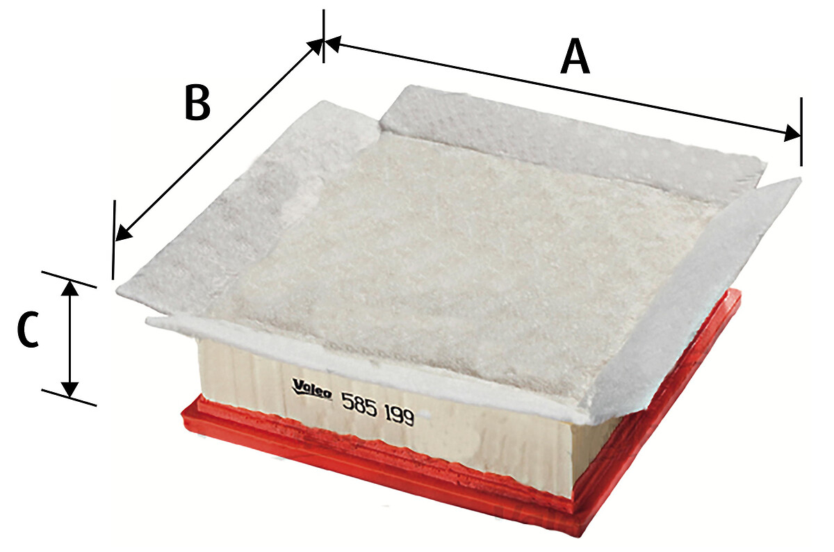 VALEO Luftfilter 585199 Filterindsats length_mm_203|Længde [mm]|213 width_mm_206|Bredde [mm]|204 height_mm_209|Højde [mm]|59 supplementary_articleinfo
