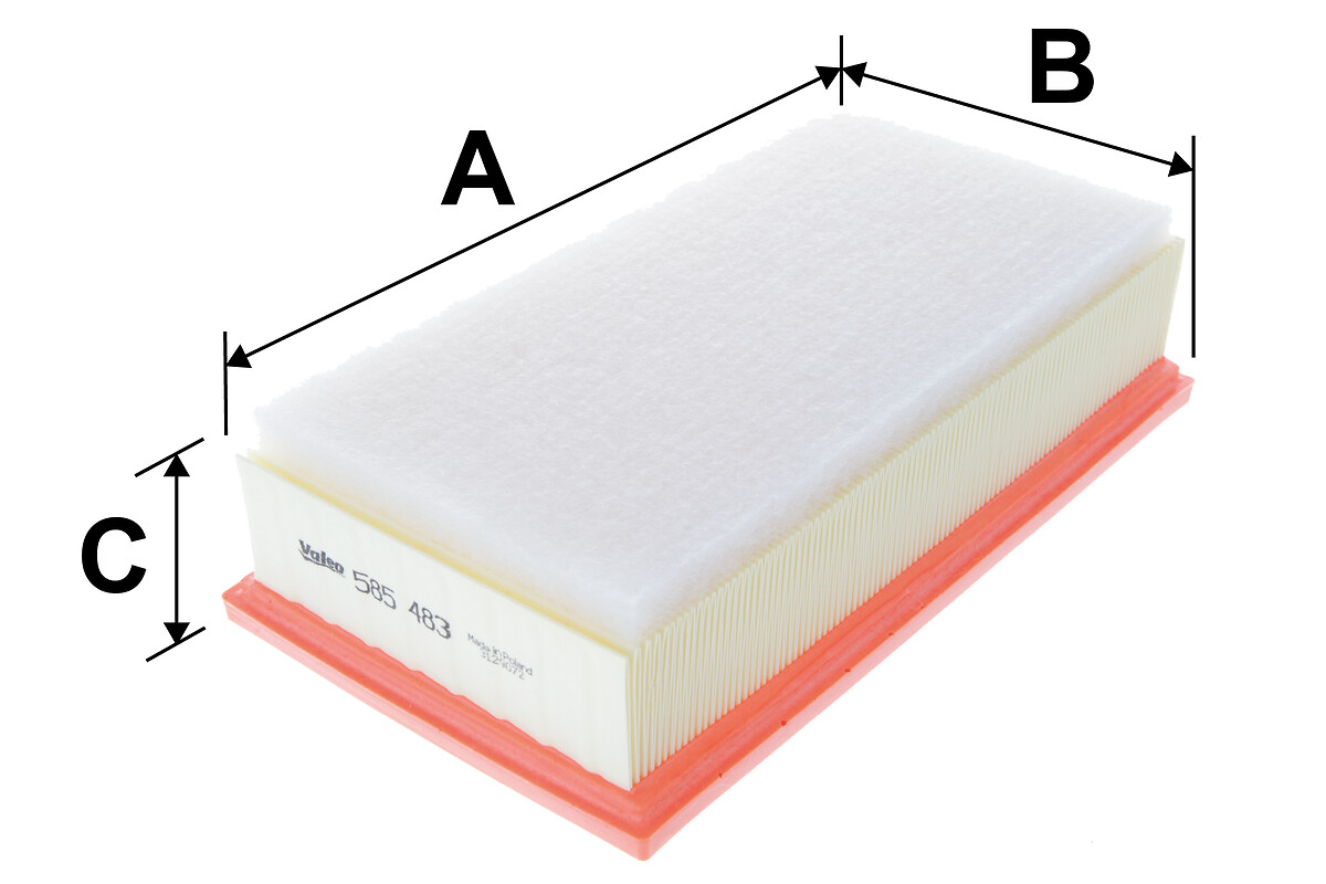 VALEO Luftfilter 585483 Filterindsats length_mm_203|Længde [mm]|290 width_mm_206|Bredde [mm]|160 height_mm_209|Højde [mm]|77 weight_kg_212|Vægt [kg]|0