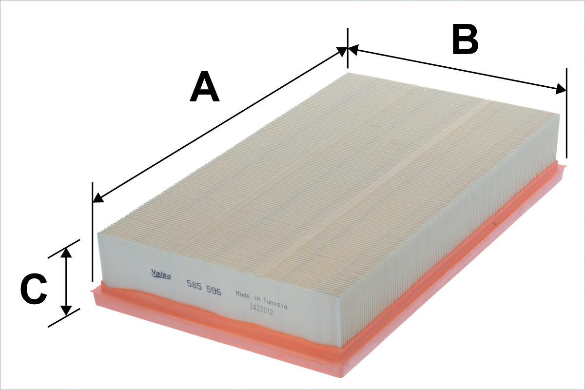 VALEO Luftfilter 585596 Filterindsats length_mm_203|Længde [mm]|374 width_mm_206|Bredde [mm]|213 height_mm_209|Højde [mm]|58 weight_kg_212|Vægt [kg]|0