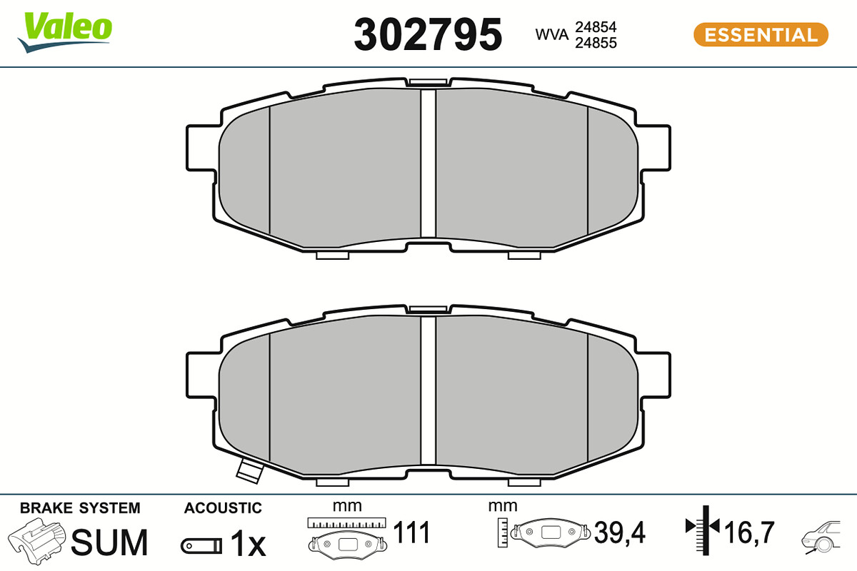VALEO Bremseklodser 302795 bagaksel for SUBARU TOYOTA