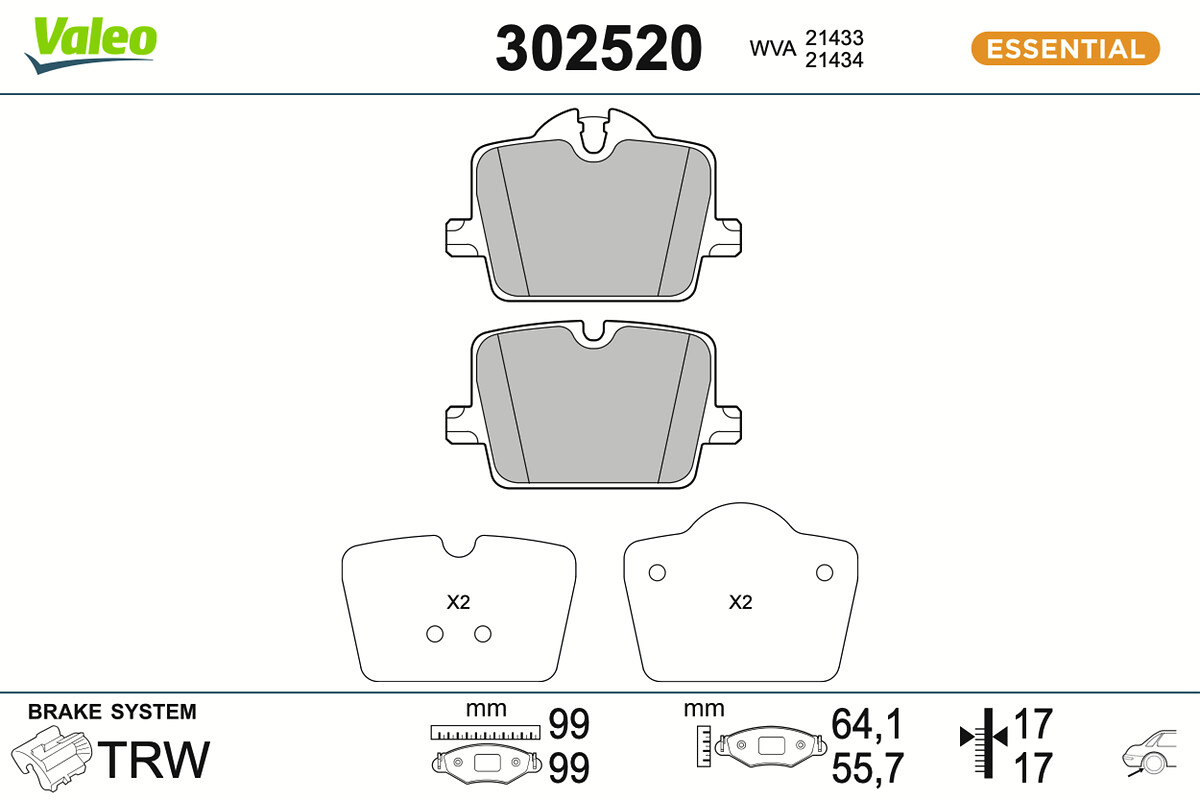 VALEO Bremseklodser 302520 bagaksel for BMW (BRILLIANCE) TOYOTA