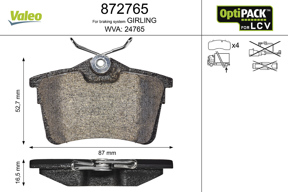VALEO Bremseklodser 872765 bagaksel for PEUGEOT