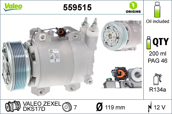 VALEO Kompressor, klimaanlæg 559515 for NISSAN