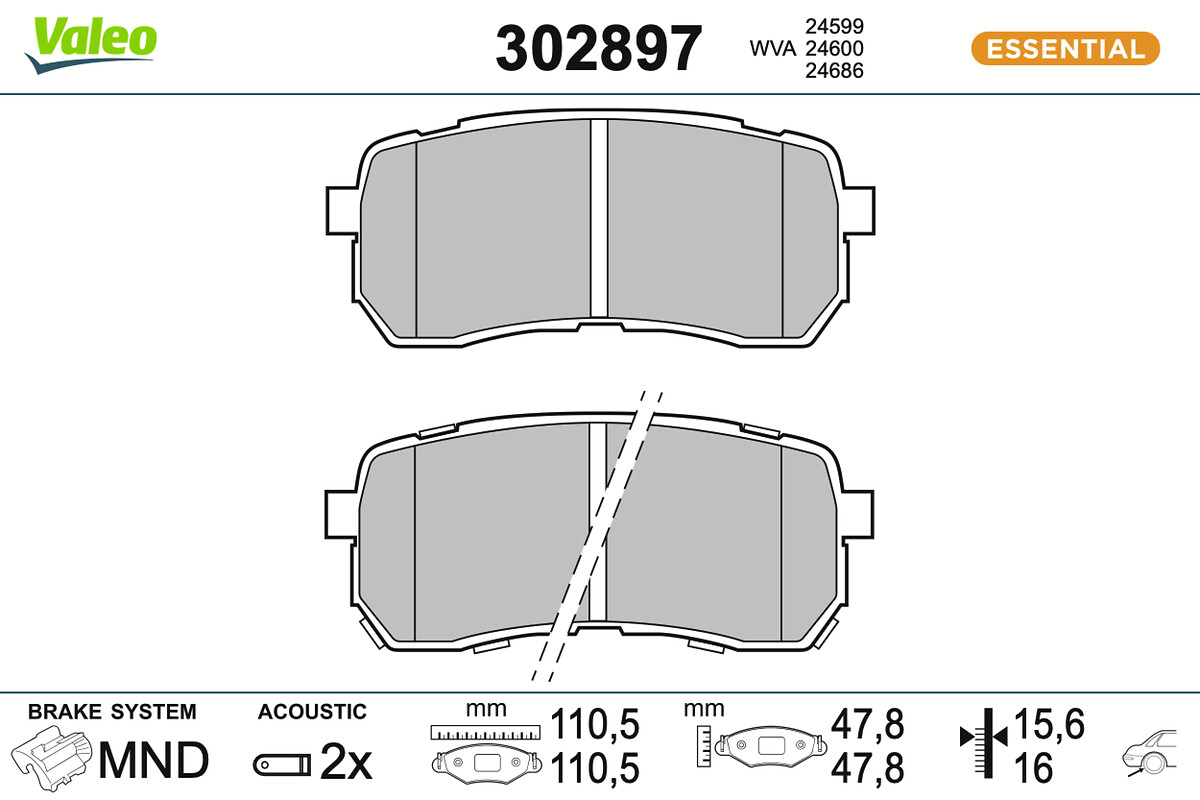VALEO Bremseklodser 302897 bagaksel for KIA