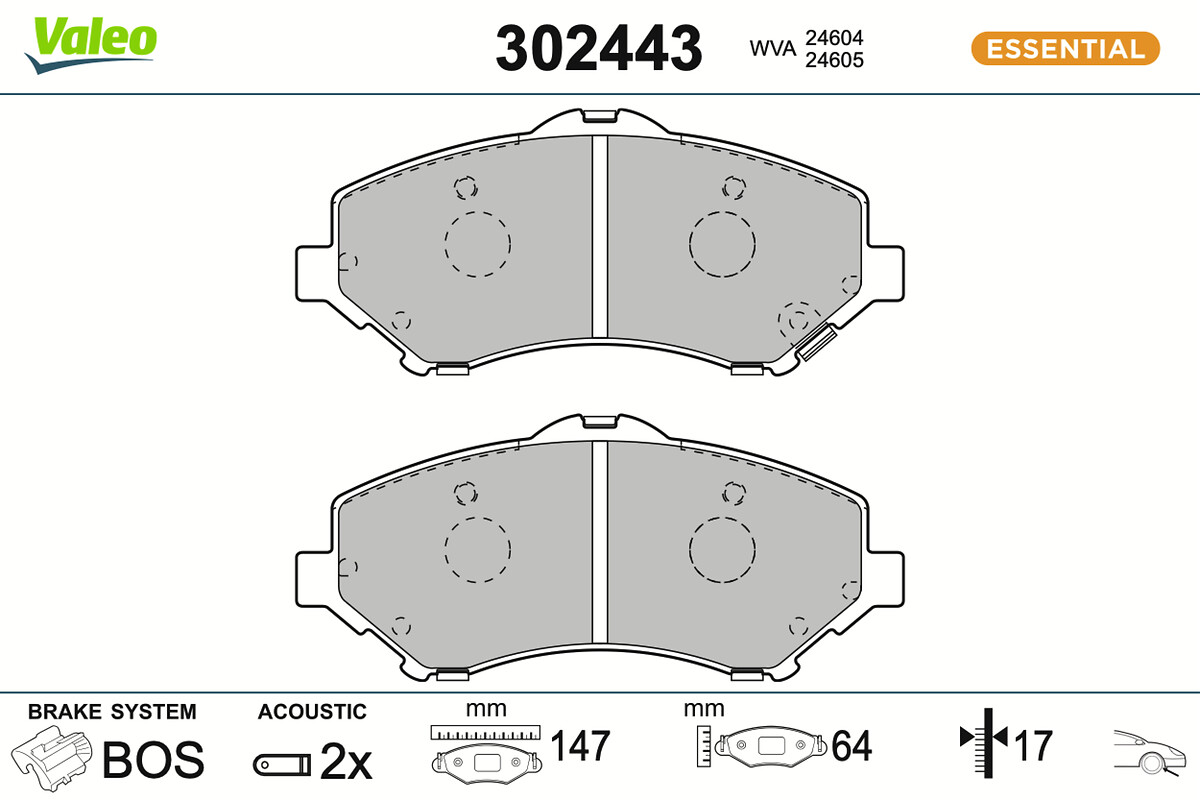 VALEO Bremseklodser 302443 foraksel for FIAT CHRYSLER DODGE JEEP VW