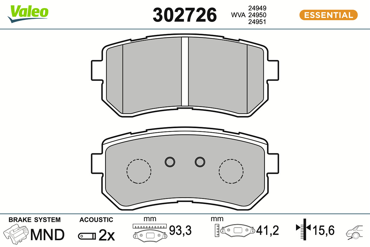 VALEO Bremseklodser 302726 bagaksel for HYUNDAI