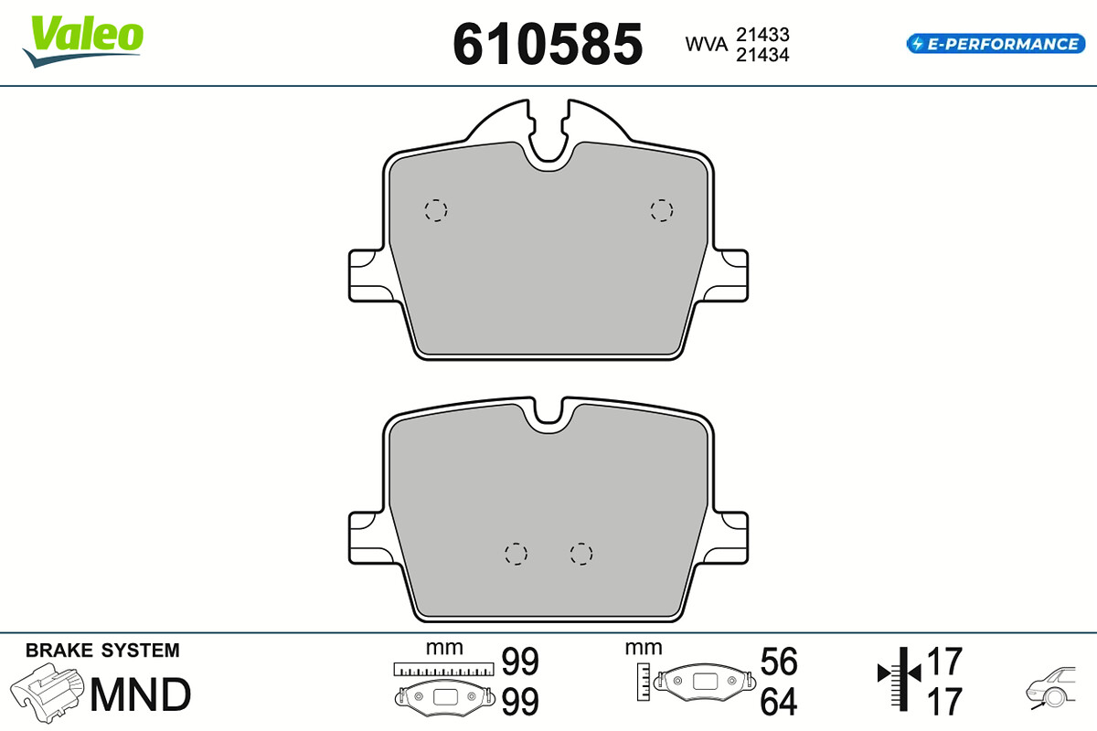 VALEO Bremseklodser 610585 bagaksel for BMW (BRILLIANCE) TOYOTA