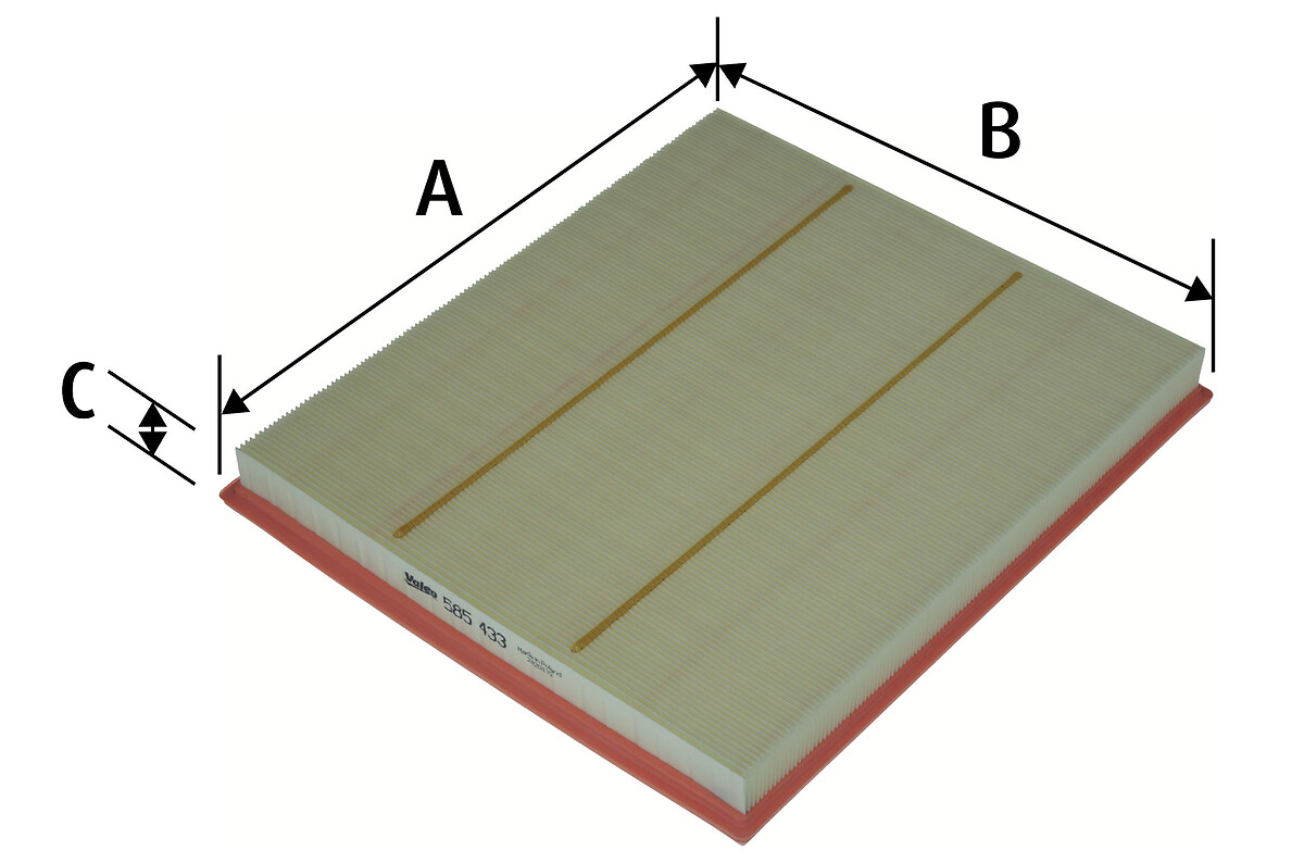 VALEO Luftfilter 585433 Filterindsats length_mm_203|Længde [mm]|342 width_mm_206|Bredde [mm]|301 height_mm_209|Højde [mm]|35 weight_kg_212|Vægt [kg]|0