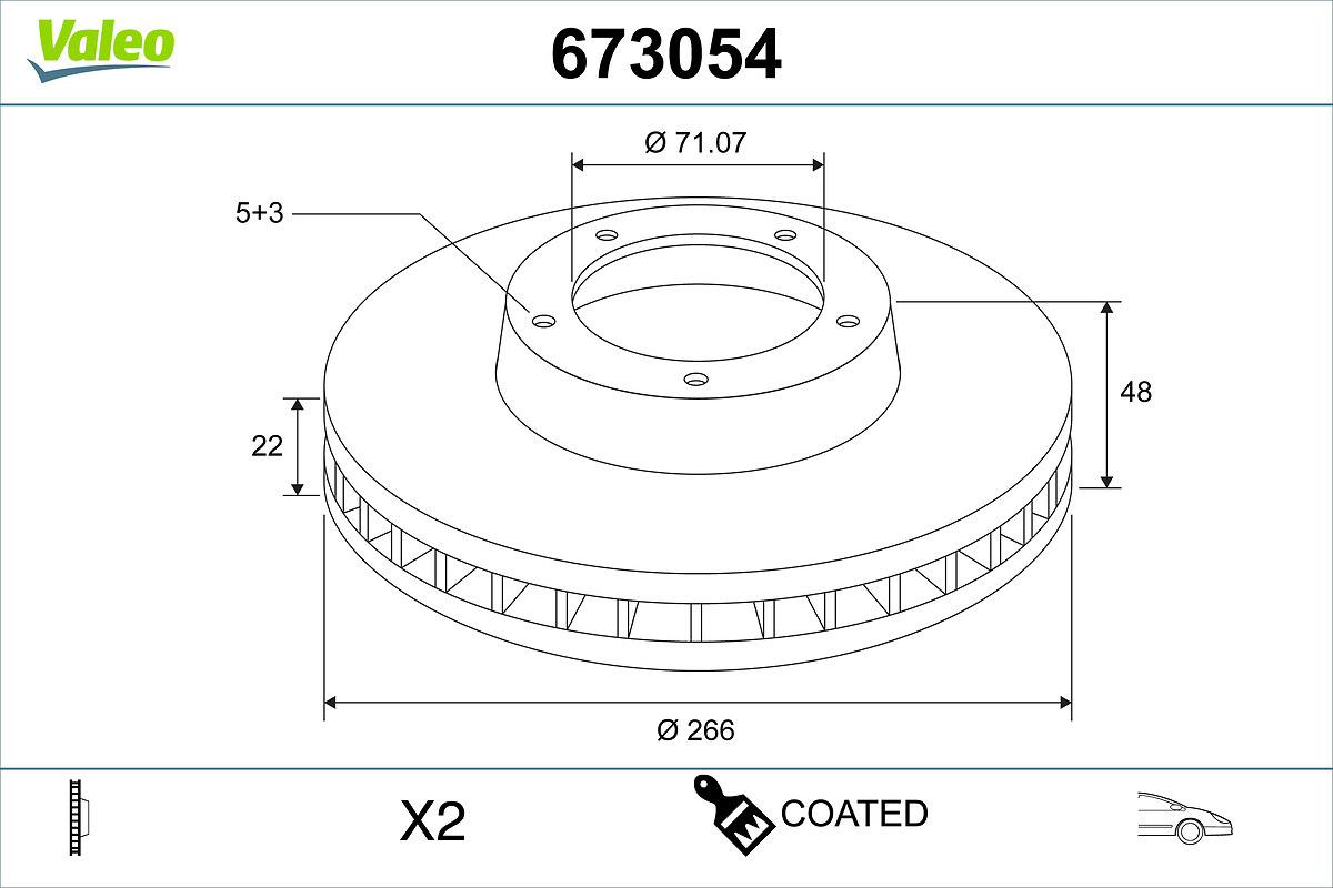 VALEO Bremseskive 673054 foraksel ventileret 266mm 22mm for PEUGEOT