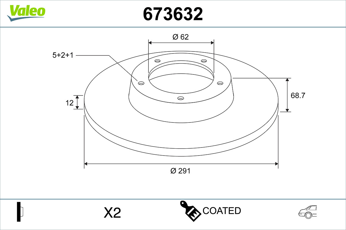 VALEO Bremseskive 673632 bagaksel fuld 291mm 12mm for TOYOTA