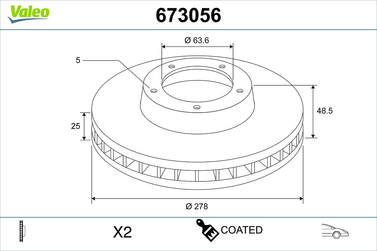 VALEO Bremseskive 673056 foraksel ventileret 278mm 25mm for VOLVO