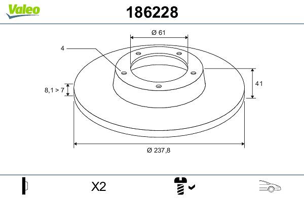 VALEO Bremseskive 186228 foraksel fuld 238mm 8mm for RENAULT