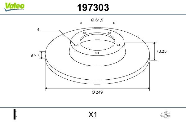 VALEO Bremseskive 197303 bagaksel fuld 249mm 9mm for DS