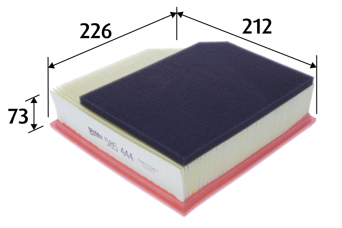 VALEO Luftfilter 585444 Filterindsats length_mm_203|Længde [mm]|226 width_mm_206|Bredde [mm]|199 height_mm_209|Højde [mm]|68 weight_kg_212|Vægt [kg]|0