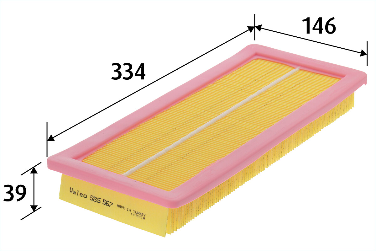 VALEO Luftfilter 585567 Filterindsats length_mm_203|Længde [mm]|331 width_mm_206|Bredde [mm]|144 height_mm_209|Højde [mm]|41 weight_kg_212|Vægt [kg]|0