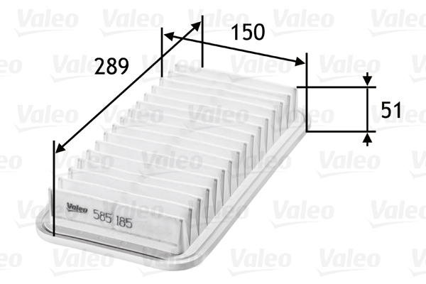VALEO Luftfilter 585185 Filterindsats length_mm_203|Længde [mm]|287 width_mm_206|Bredde [mm]|149 height_mm_209|Højde [mm]|61 weight_kg_212|Vægt [kg]|0