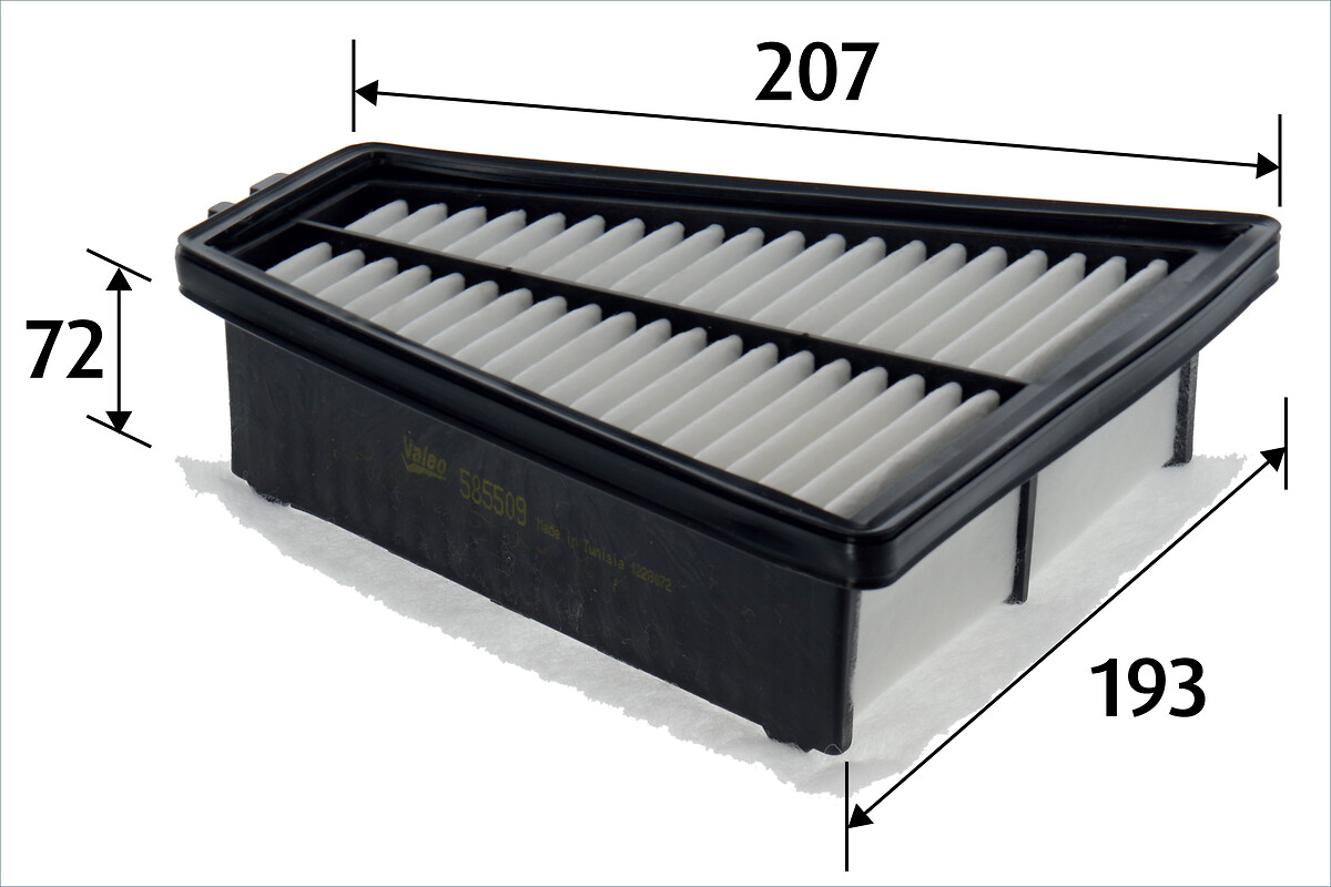 VALEO Luftfilter 585509 Filterindsats length_mm_203|Længde [mm]|208 width_mm_206|Bredde [mm]|180 height_mm_209|Højde [mm]|71 weight_kg_212|Vægt [kg]|0