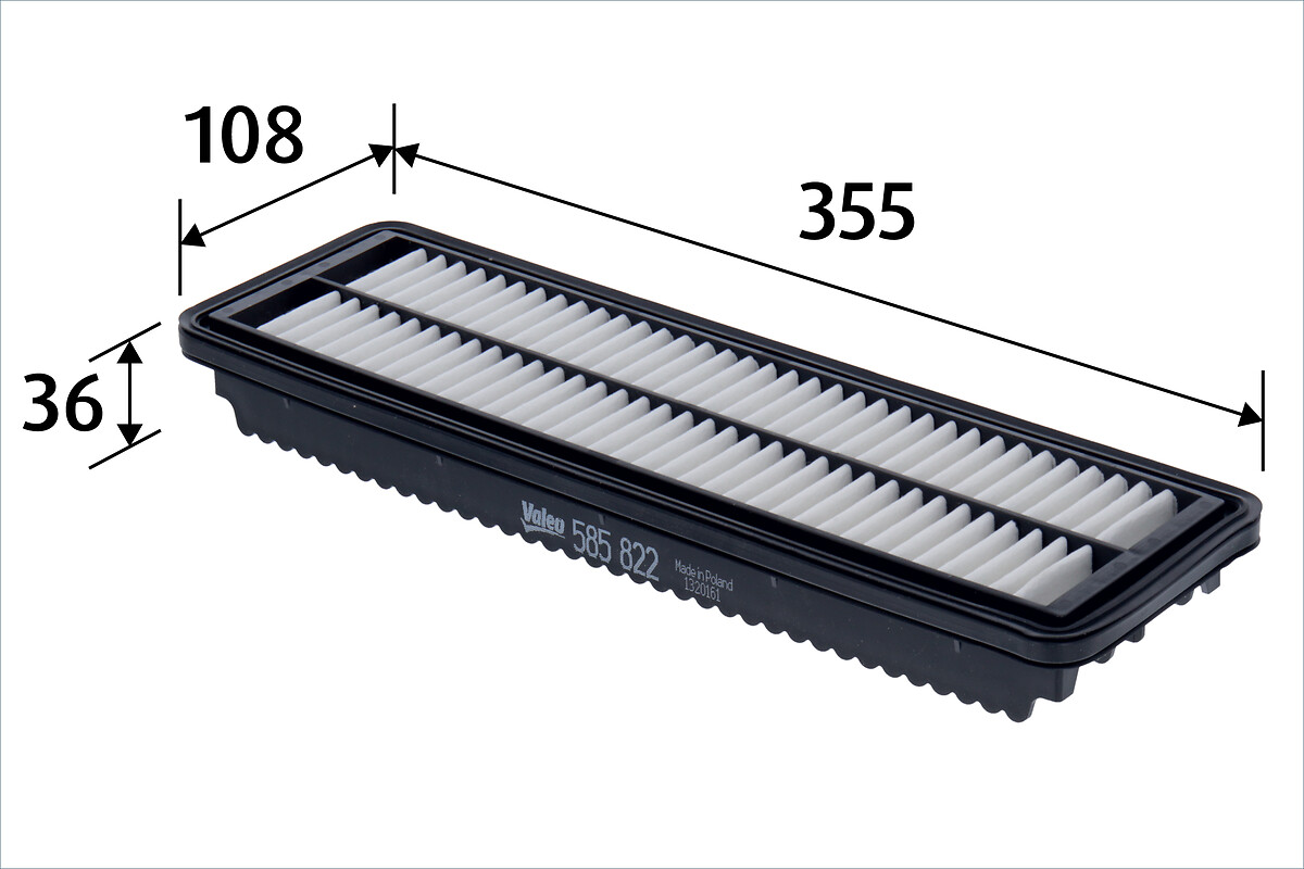 VALEO Luftfilter 585822 Filterindsats length_mm_203|Længde [mm]|356 width_mm_206|Bredde [mm]|109 height_mm_209|Højde [mm]|36 weight_kg_212|Vægt [kg]|0