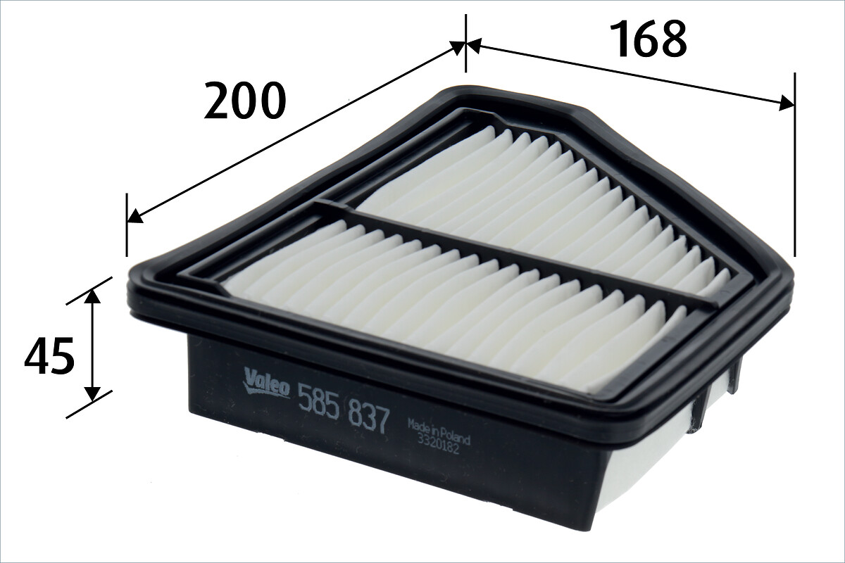 VALEO Luftfilter 585837 Filterindsats length_mm_203|Længde [mm]|196 width_mm_206|Bredde [mm]|166 height_mm_209|Højde [mm]|46 weight_kg_212|Vægt [kg]|0