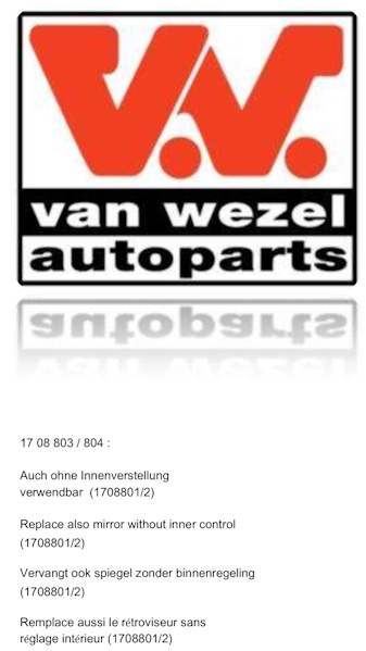 VAN WEZEL Sidespejl 1708801 venstre for FIAT / LANCIA