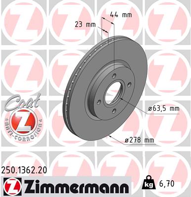 ZIMMERMANN Bremseskive 250136220 foraksel ventileret 278mm 23mm for FORD