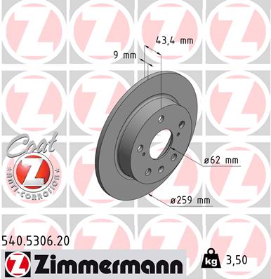 ZIMMERMANN Bremseskive 540530620 bagaksel fuld 259mm 9mm for SUZUKI