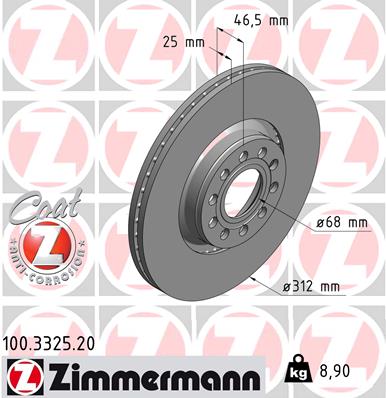 ZIMMERMANN Bremseskive 100332520 foraksel udvendig ventileret 312mm 25mm for VW (SVW)