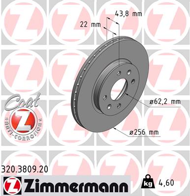 ZIMMERMANN Bremseskive 320380920 foraksel ventileret 256mm 22mm for KIA (DYK) HYUNDAI KIA