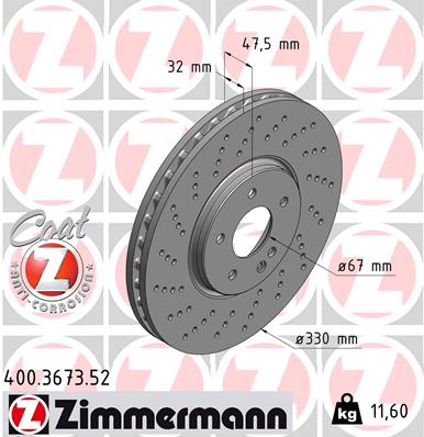 ZIMMERMANN Bremseskive 400367352 foraksel perforeret 330mm 32mm for MERCEDES-BENZ CHRYSLER