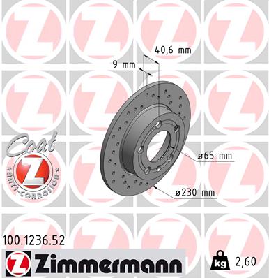 ZIMMERMANN Bremseskive 100123652 bagaksel perforeret 230mm 9mm for VW (FAW) SKODA (SVW) VW (SVW) VAG