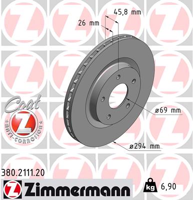 ZIMMERMANN Bremseskive 380211120 foraksel ventileret 294mm 26mm for CITROËN/PEUGEOT JEEP MITSUBISHI