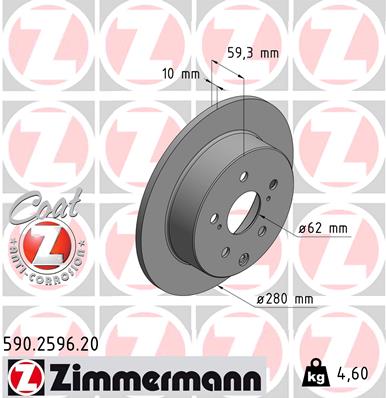 ZIMMERMANN Bremseskive 590259620 bagaksel fuld 280mm 10mm for TOYOTA