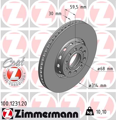 ZIMMERMANN Bremseskive 100123120 foraksel udvendig ventileret 314mm 30mm for AUDI