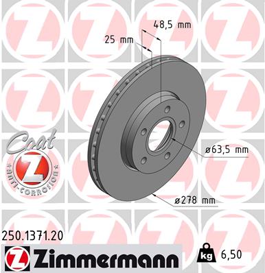 ZIMMERMANN Bremseskive 250137120 foraksel ventileret 278mm 25mm for FORD