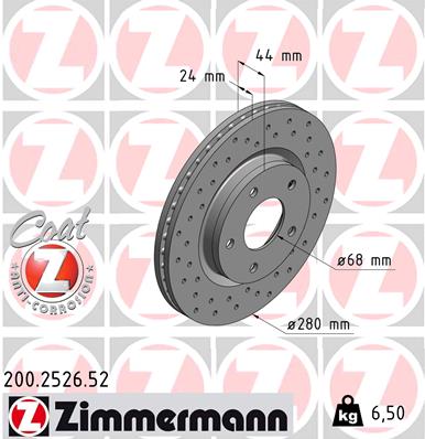ZIMMERMANN Bremseskive 200252652 foraksel perforeret 280mm 24mm for NISSAN