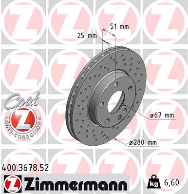 ZIMMERMANN Bremseskive 400367852 foraksel perforeret 280mm 25mm for MERCEDES-BENZ