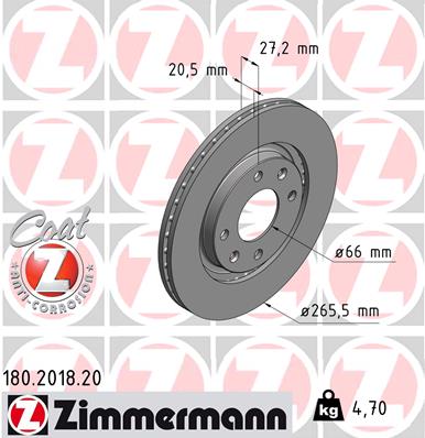 ZIMMERMANN Bremseskive 180201820 foraksel udvendig ventileret 266mm 20mm for CITROËN/PEUGEOT