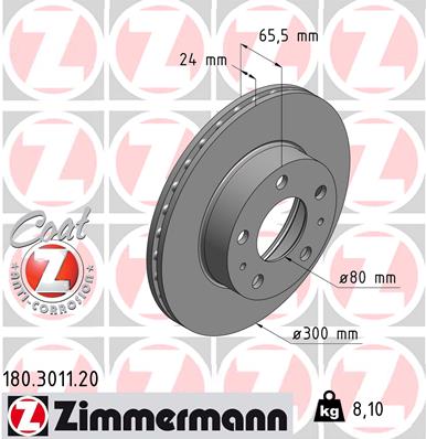 ZIMMERMANN Bremseskive 180301120 foraksel ventileret 300mm 24mm for CITROËN/PEUGEOT FIAT