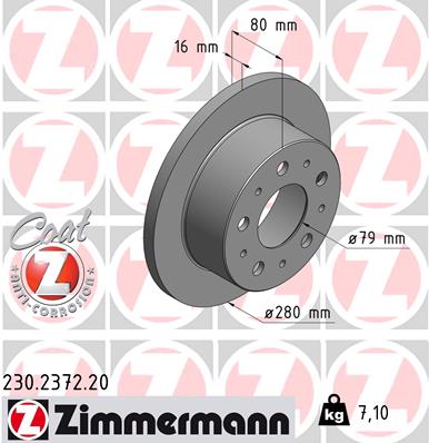 ZIMMERMANN Bremseskive 230237220 bagaksel fuld 280mm 16mm for CITROËN/PEUGEOT FIAT