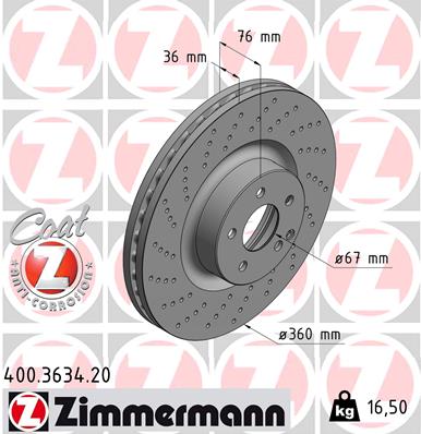 ZIMMERMANN Bremseskive 400363420 foraksel perforeret 360mm 36mm for MERCEDES-BENZ